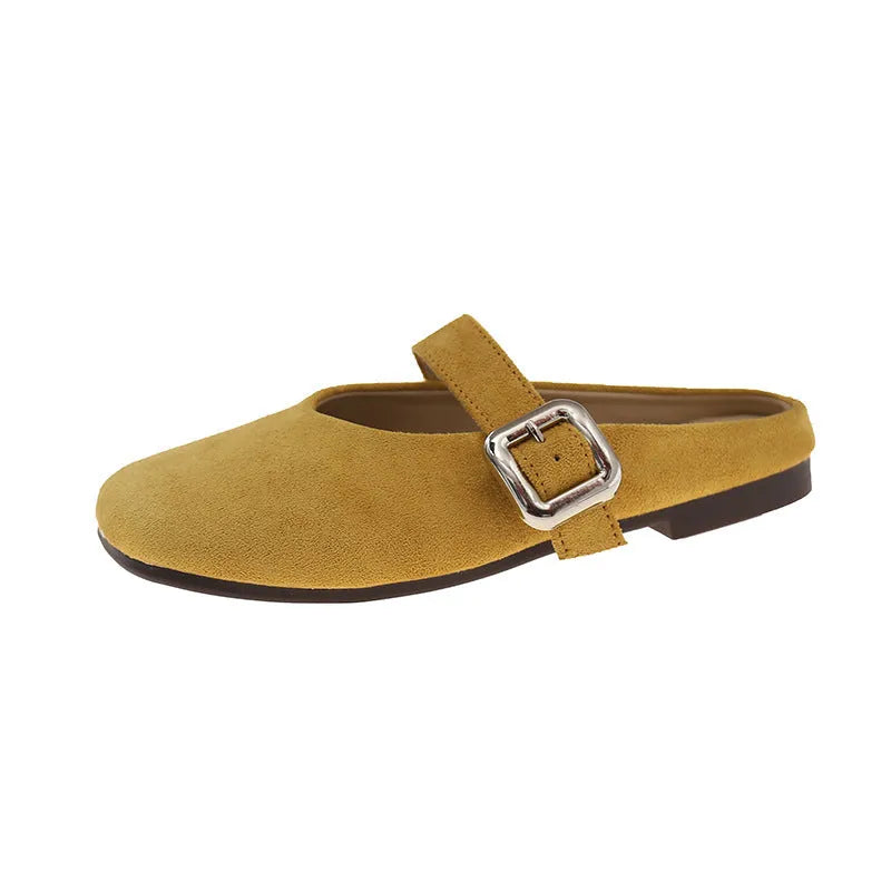 Women's flat closed toe slippers with square head design in apricot colour