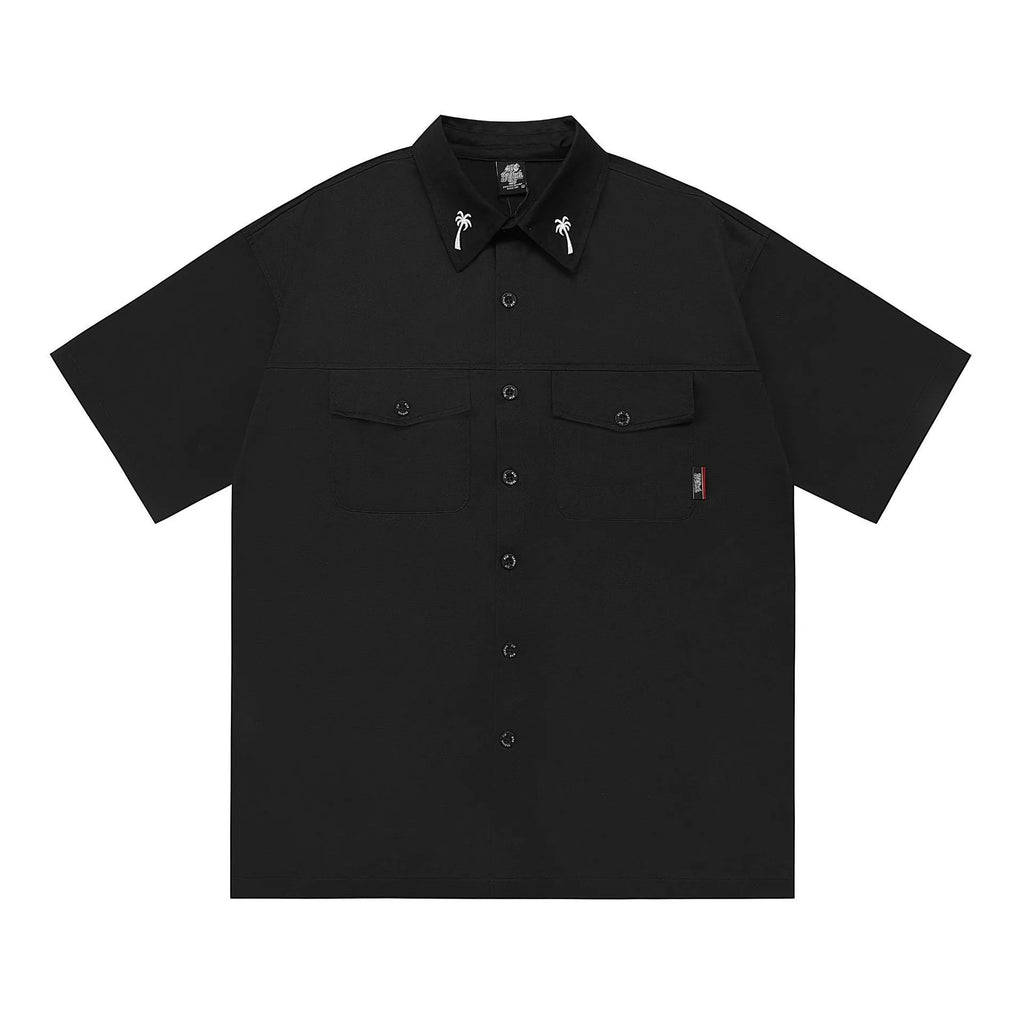Men's black cotton blend half sleeve shirt with embroidered detailing and pocket