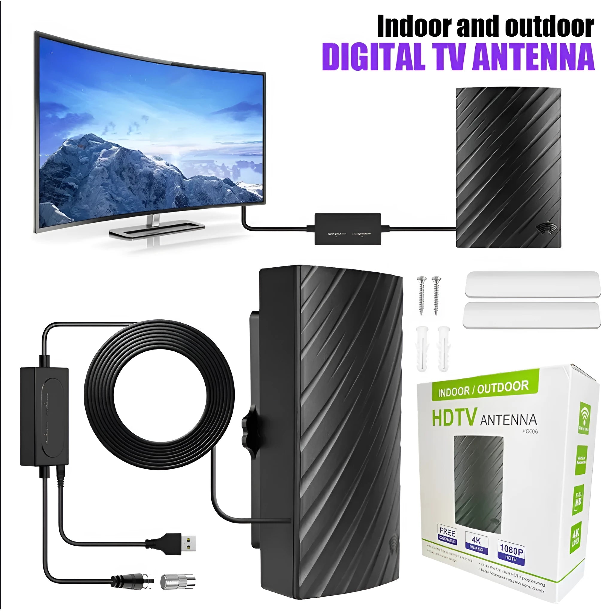 Black plastic indoor digital television antenna with mounting screws and adhesive tape