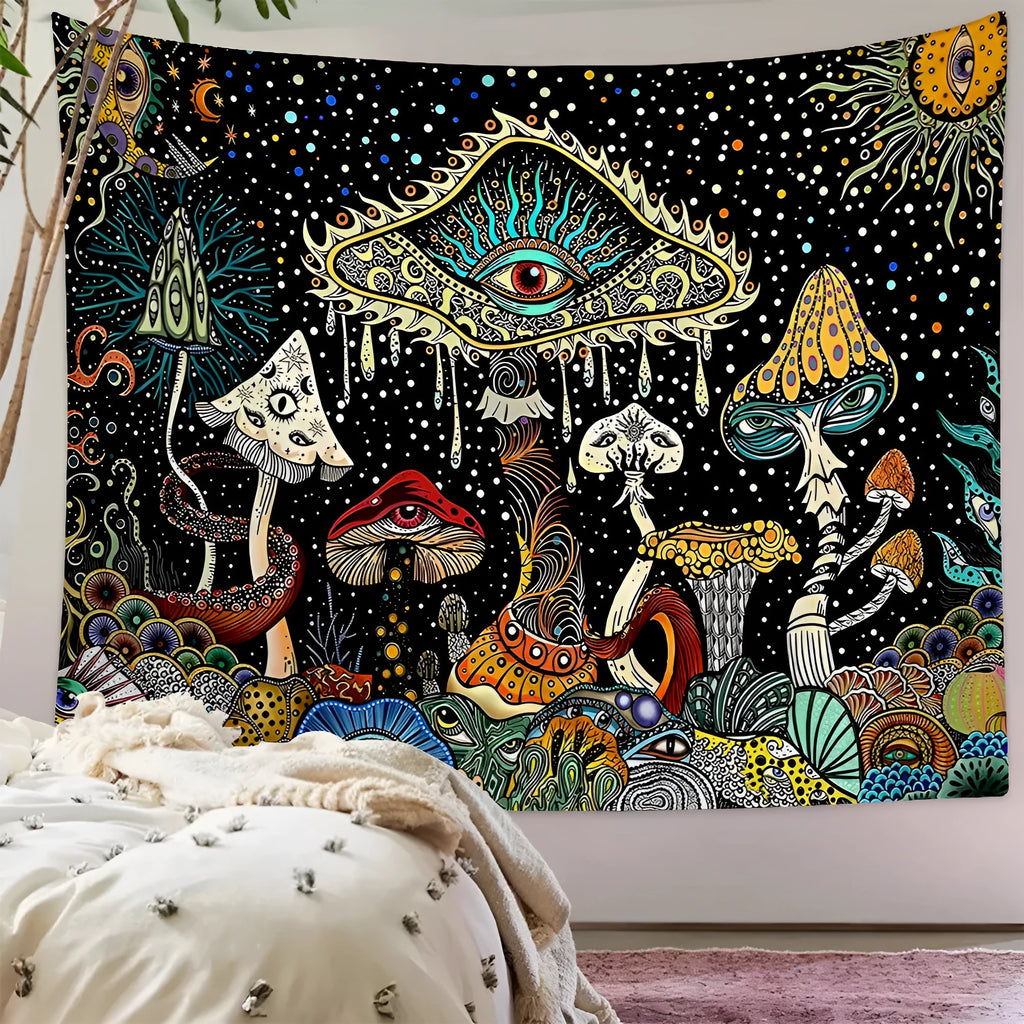 Starry Mushroom polyester tapestry with skull and geometric abstract pattern, rectangular machine-woven wall hanging in multiple sizes