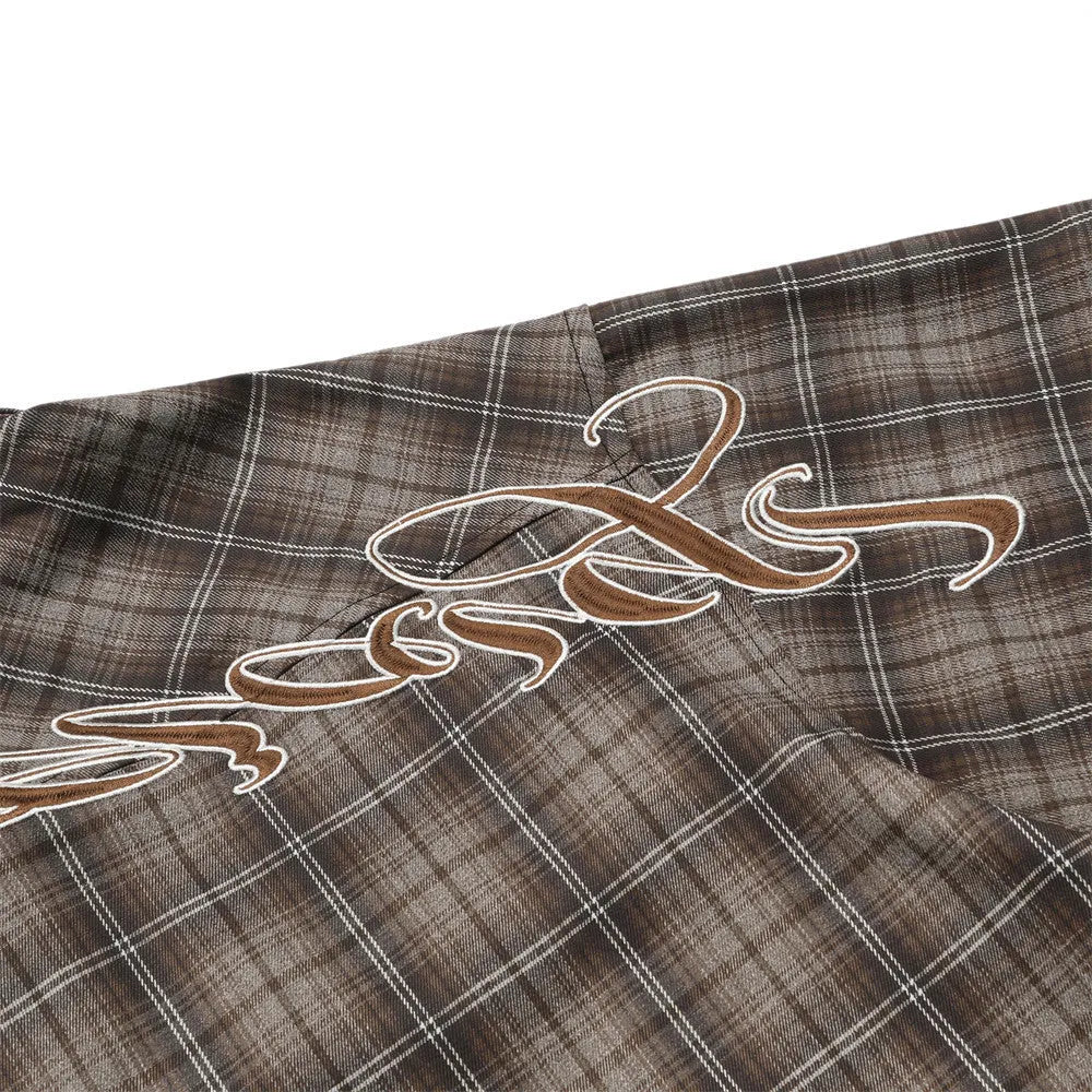 Men's short sleeve plaid shirt with embroidery and lapel collar in black or brown cotton blend fabric