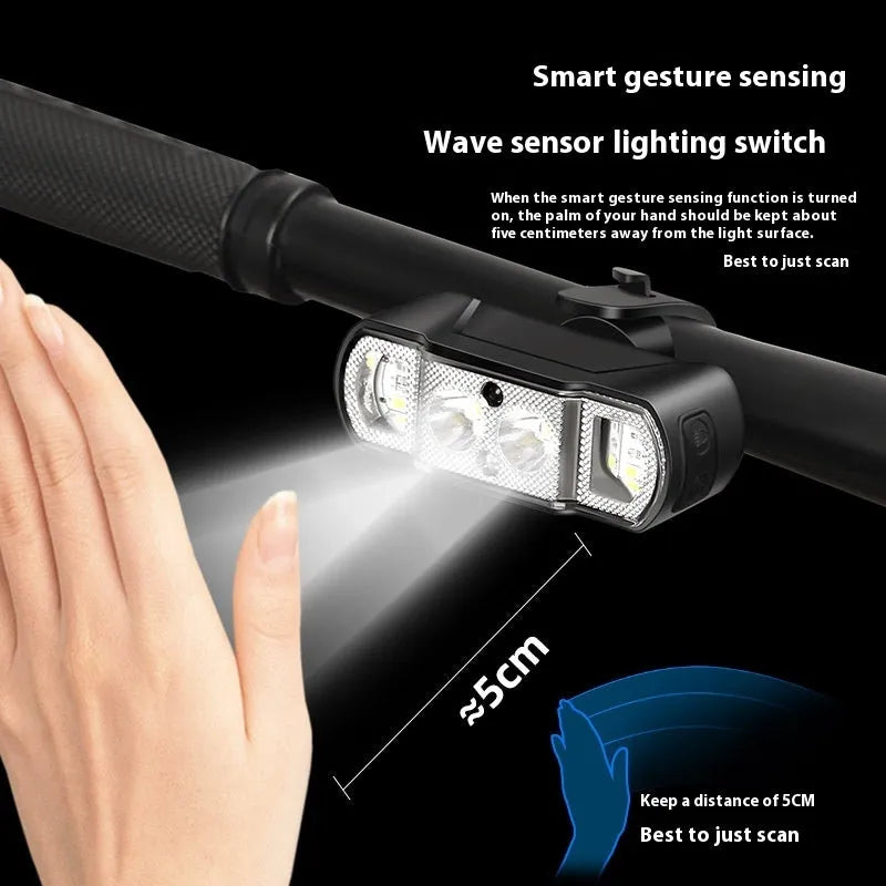 Black bicycle headlight with XPG-LED lamp beads, rechargeable battery, and wave induction functionality