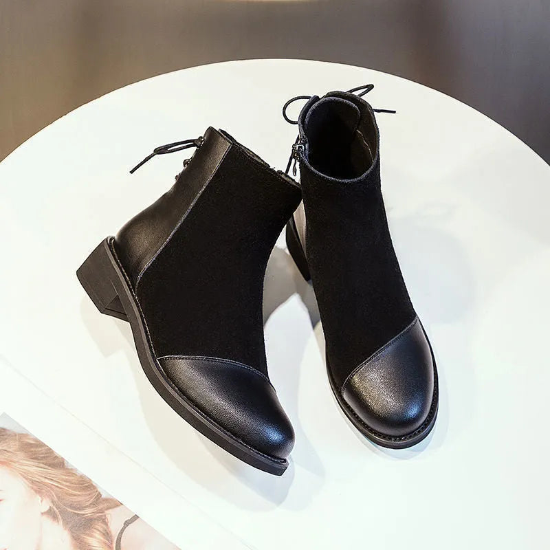 Black knee-high Martin boots for women with side zipper and round toe