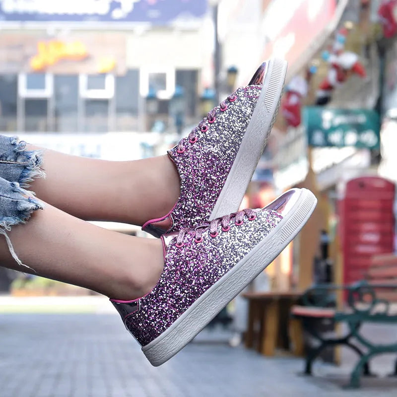 Women's colourful sequin low-top shoes with PU sequin upper, leather lining, rubber sole, front lace-up, black pink gold