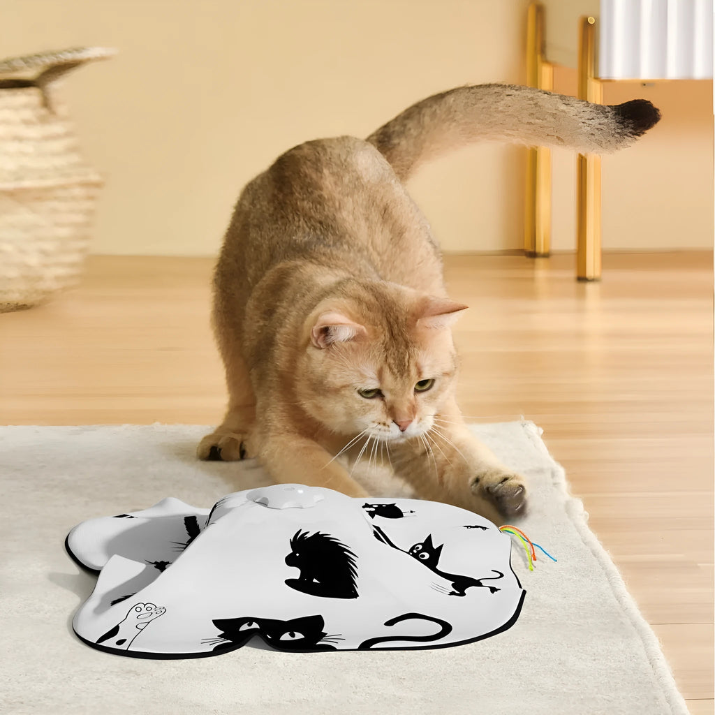 Plastic cat toy with self-hi relief design and teaser mechanism in pictured colour, dimensions 19.8x11.5x19.5cm