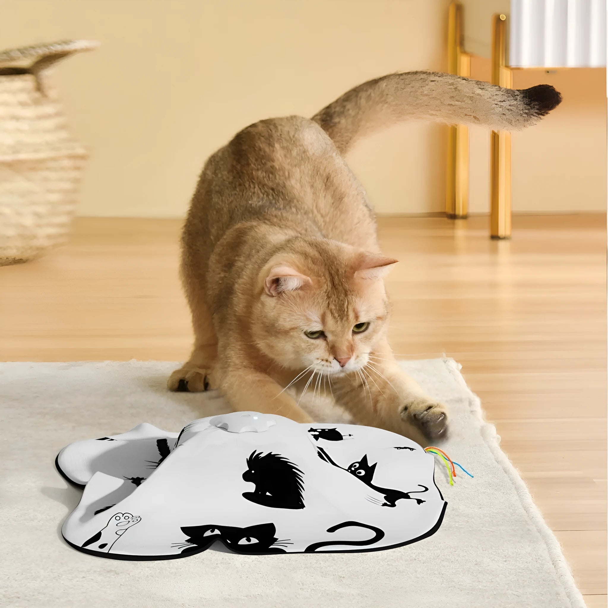 Plastic cat toy with self-hi relief design and teaser mechanism in pictured colour, dimensions 19.8x11.5x19.5cm