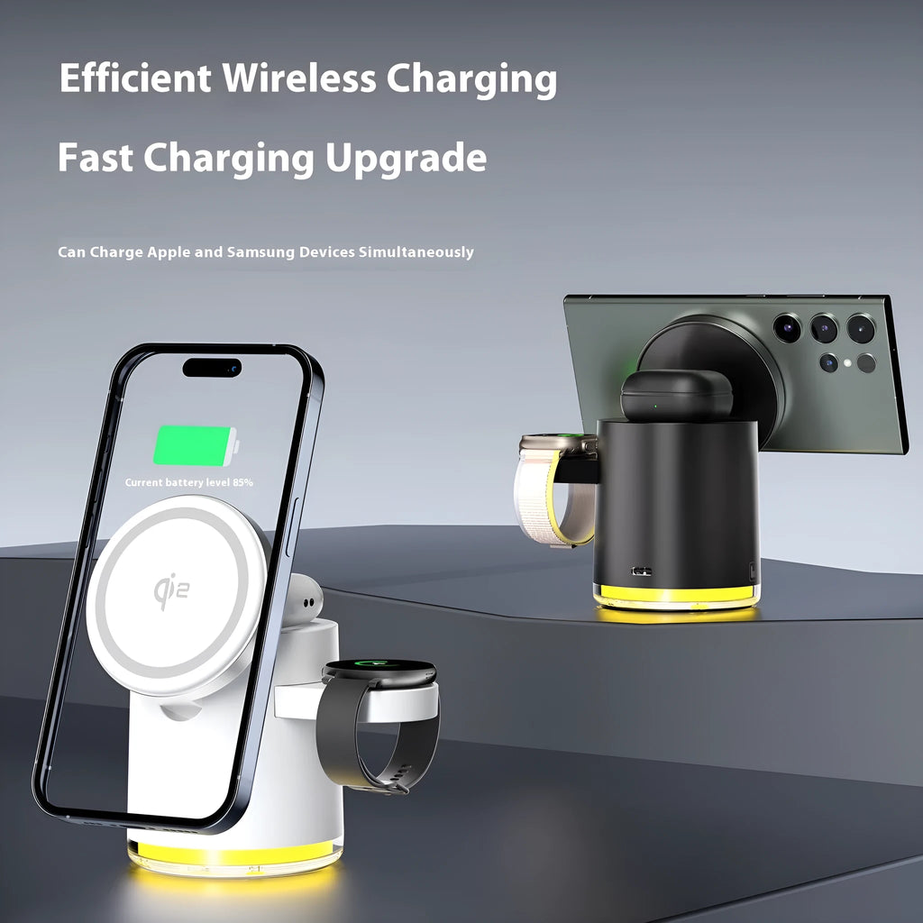 C16 Magnetic folding wireless charger in black, unfolded to show phone, watch and earbuds charging areas.