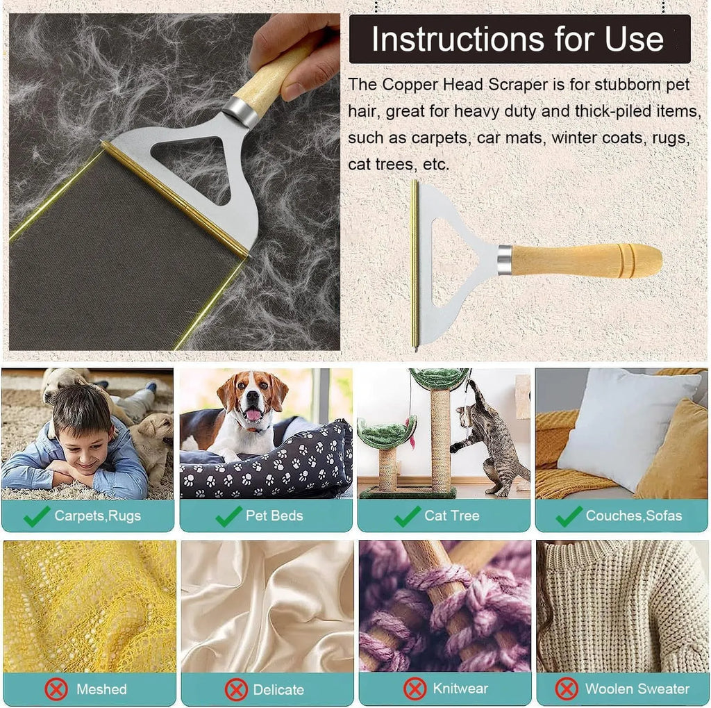3-piece pet hair remover set with metal tool, silicone brush, and round carpet scraper on a fabric surface.