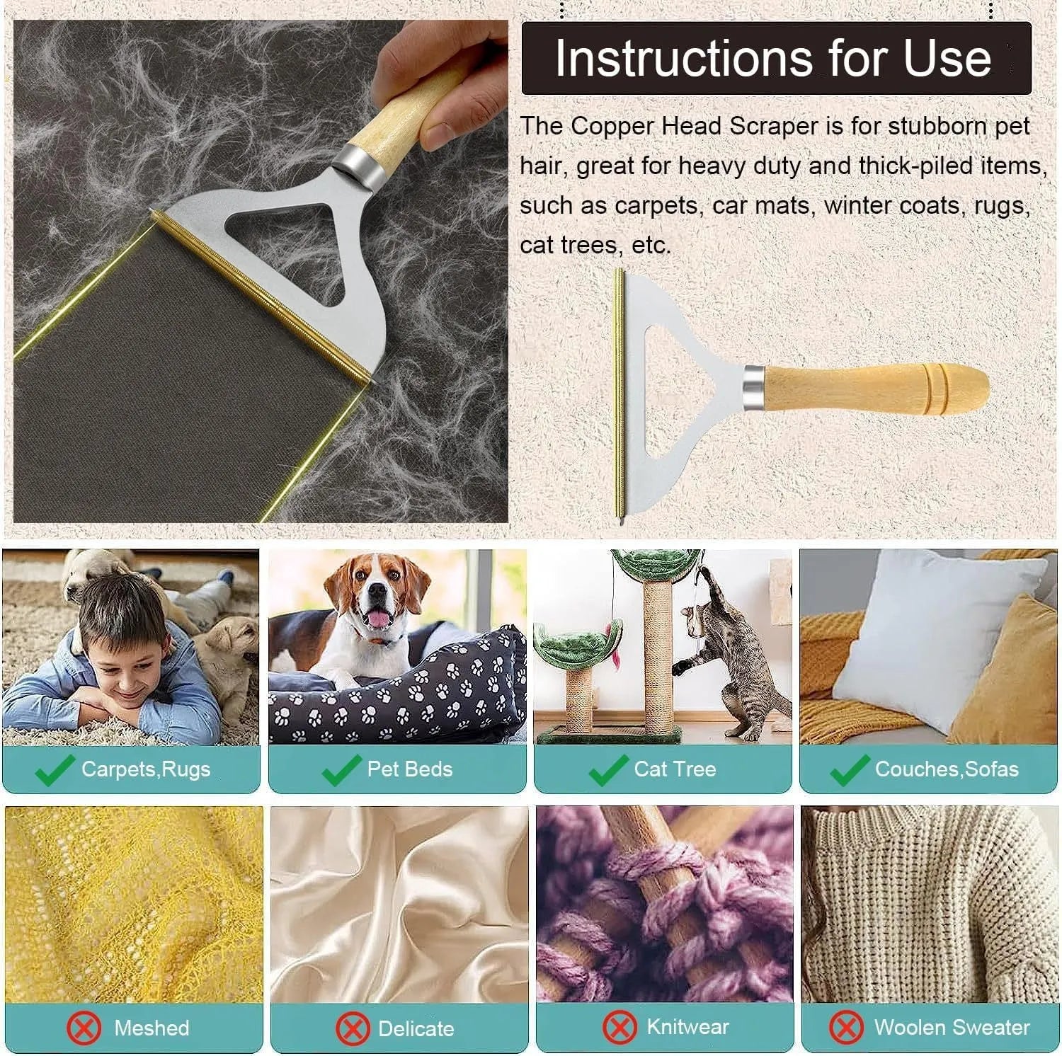 3-piece pet hair remover set with metal tool, silicone brush, and round carpet scraper on a fabric surface.