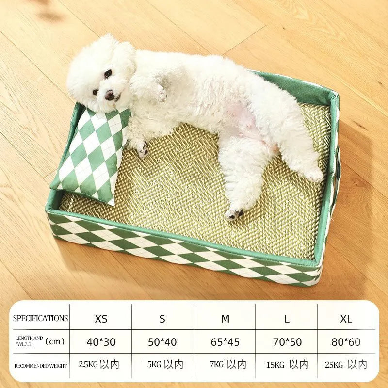 Blue woven rattan cooling mat cat bed on a fabric base, showing textured surface and low-profile design.