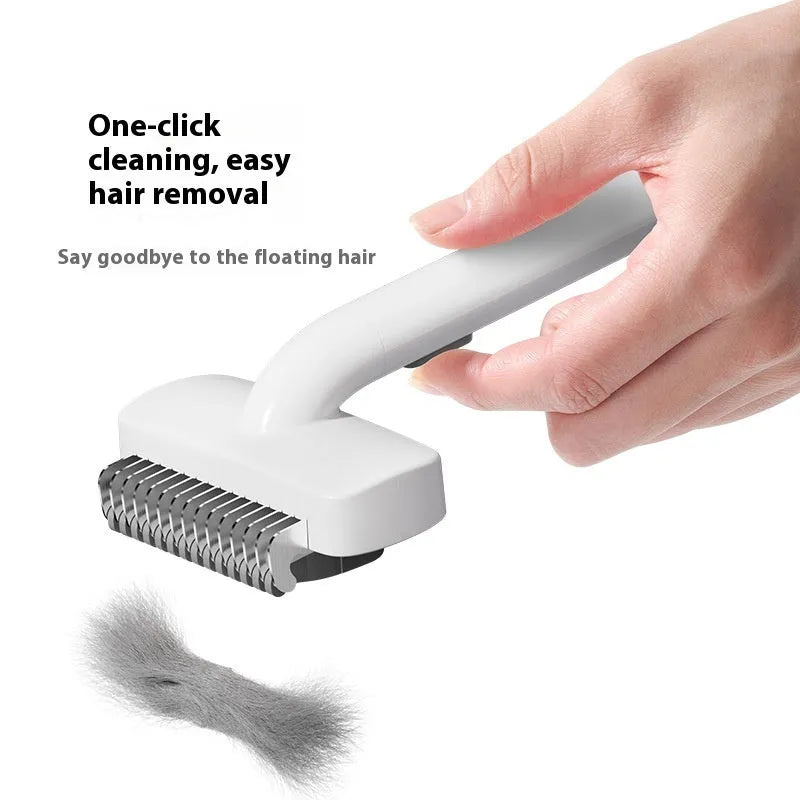 White and grey pet hair unknotting comb for dogs and cats, ABS and stainless steel, 3.3cm x 6.6cm x 18.7cm