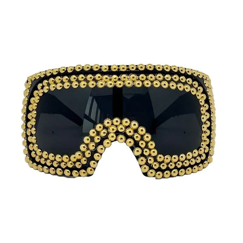 Men's oversized square punk sunglasses with rivet details in silver and gold PC frame