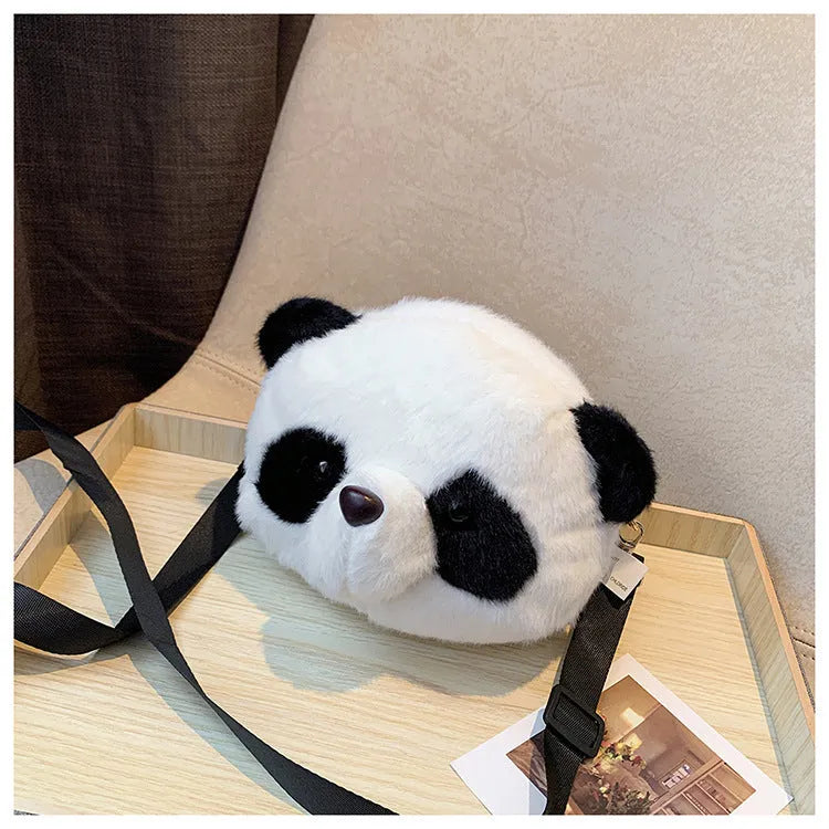 Plush panda head crossbody bag with cylindrical shape and sandwich pocket design