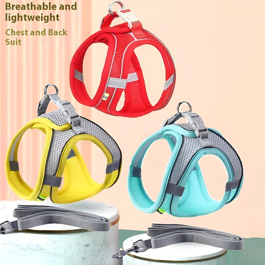 Breathable mesh reflective adjustable cat and dog chest strap harness with 1.5 m hand holding rope