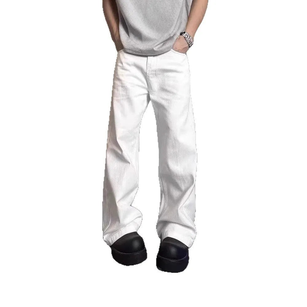 Men's white straight-leg wide-cut denim jeans on a plain background, showing front and side views.