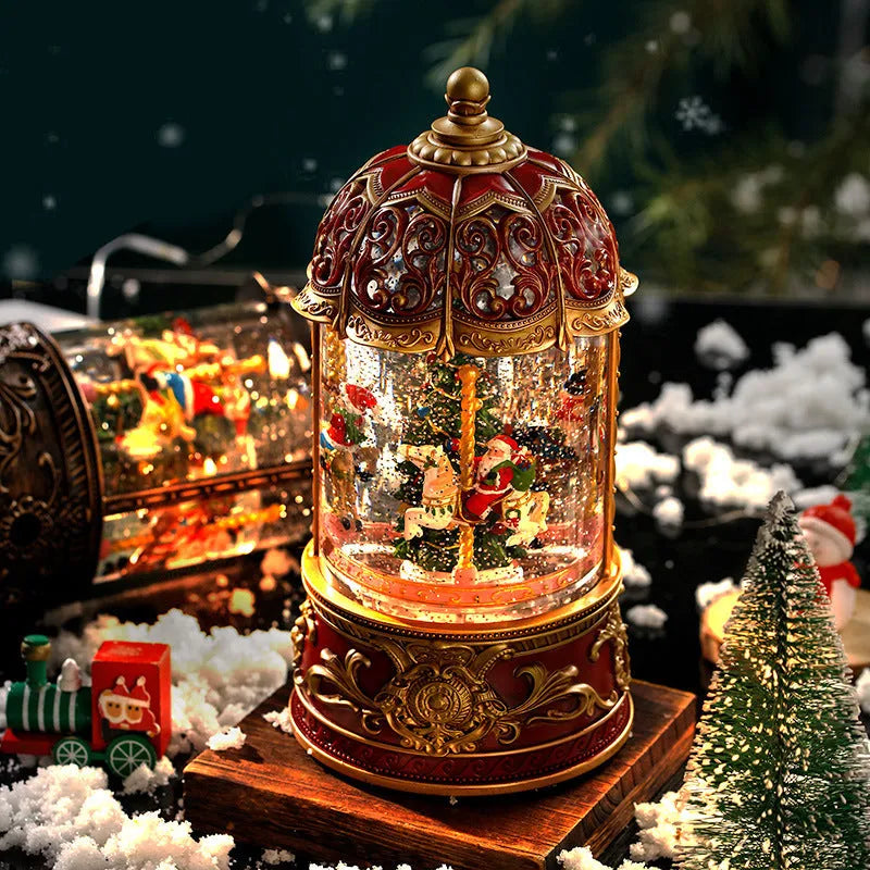 Christmas carousel music box with old man and tree design in Carousel Bronze or Red Carousel plastic