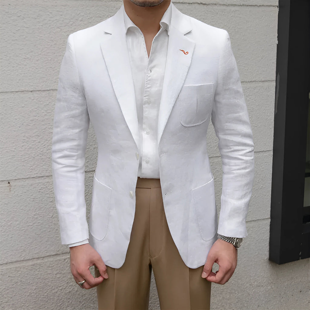 Thin breathable 100% linen casual suit jacket with double-breasted button placket in white, sky blue, and caramel colours