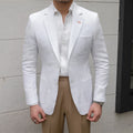 Thin breathable 100% linen casual suit jacket with double-breasted button placket in white, sky blue, and caramel colours