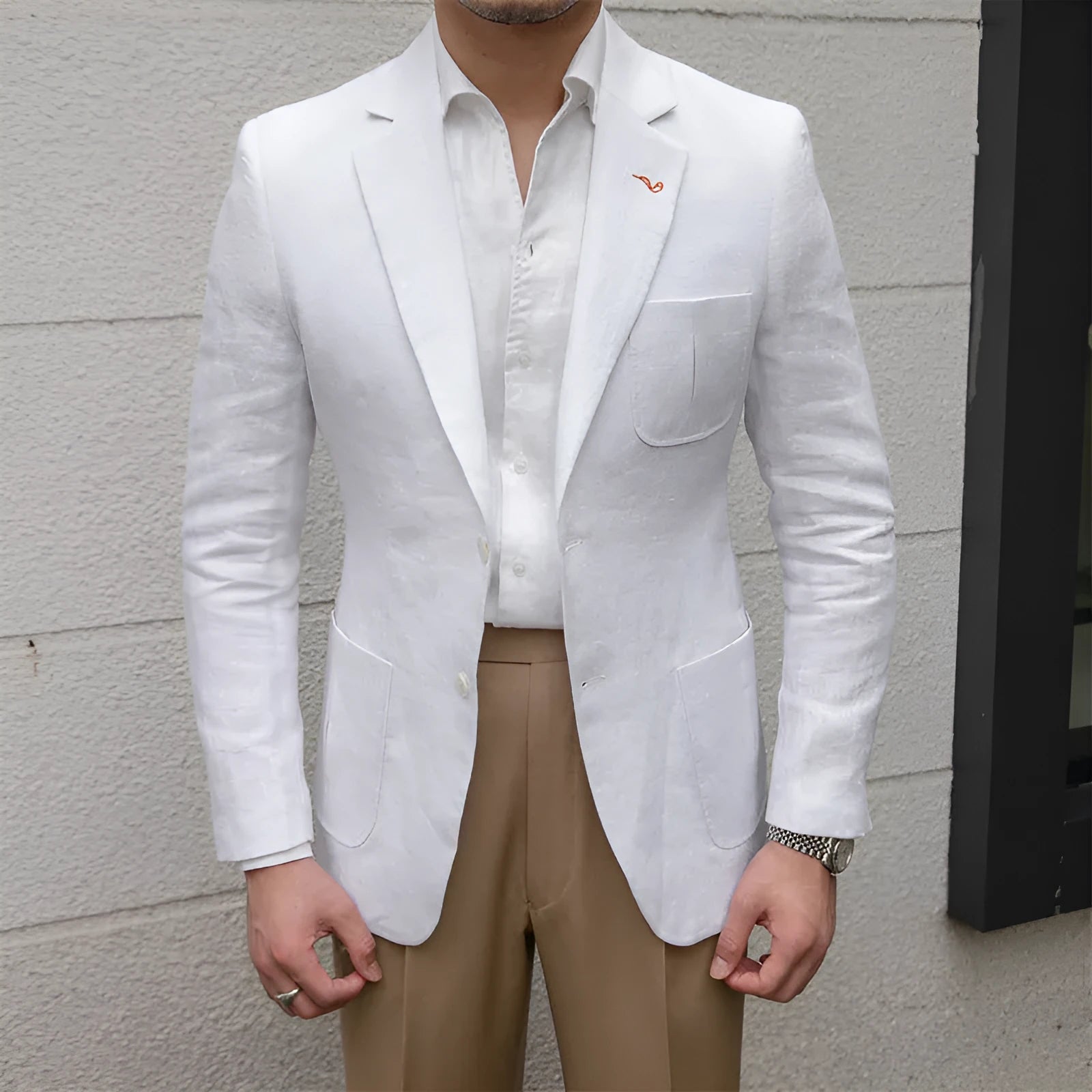 Thin breathable 100% linen casual suit jacket with double-breasted button placket in white, sky blue, and caramel colours