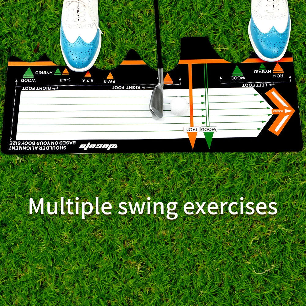 Black neoprene golf swing stance training mat with alignment markings for posture correction