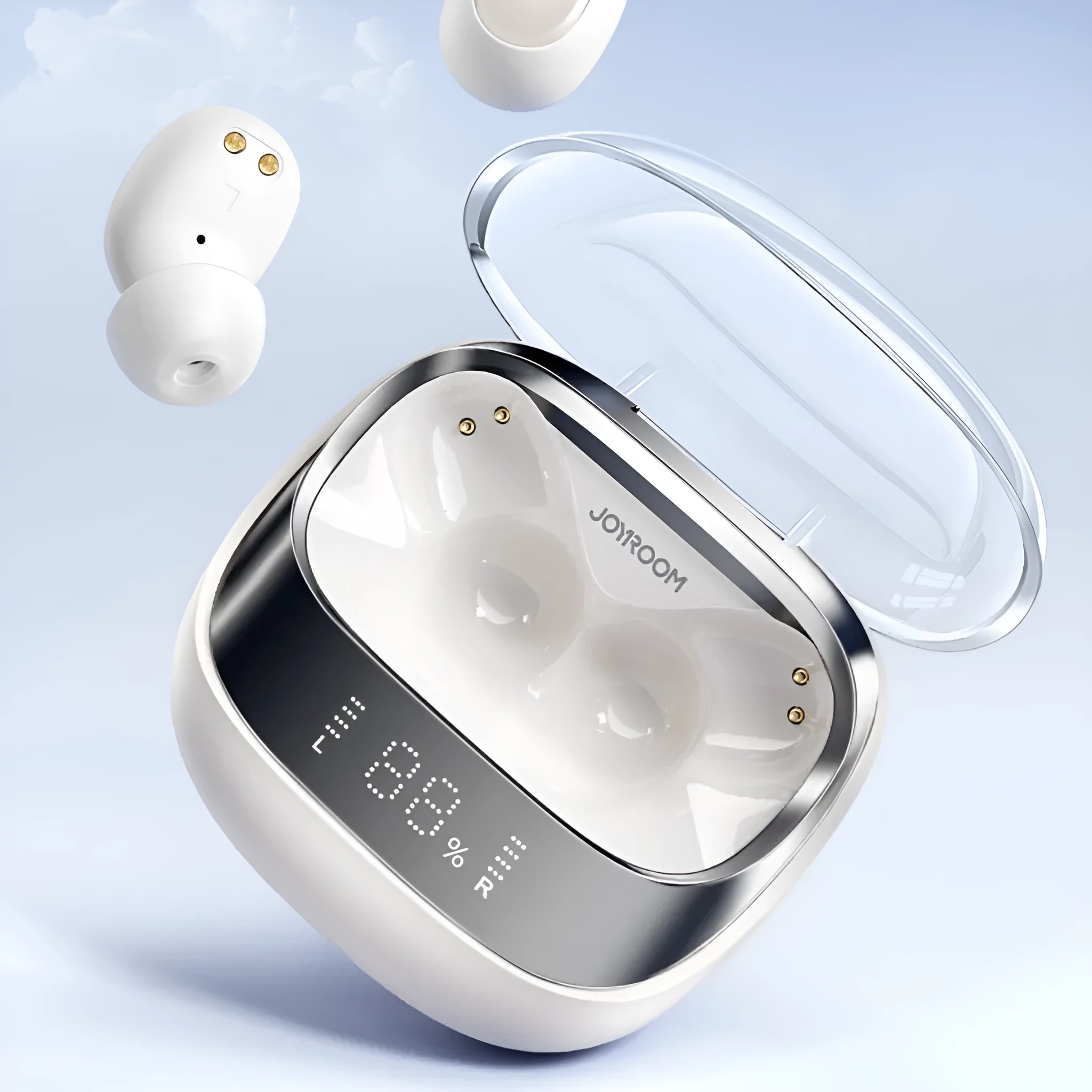 Dawn White wireless Bluetooth in-ear headphones with charging case on a table.