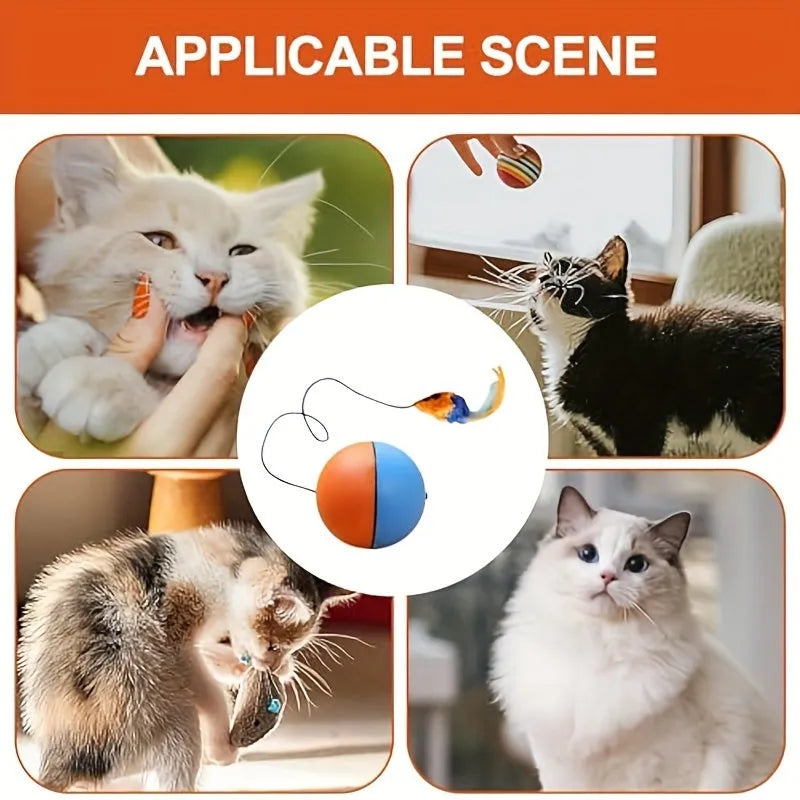 Interactive grey and orange cat toy ball plush mouse measuring 8.5 x 8.5 x 9 cm