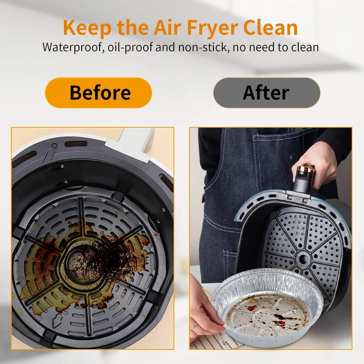 Round aluminium foil air fryer liner with 4 cm deep edge, non-stick and oil-proof, available in 14.5 cm to 23 cm diameters