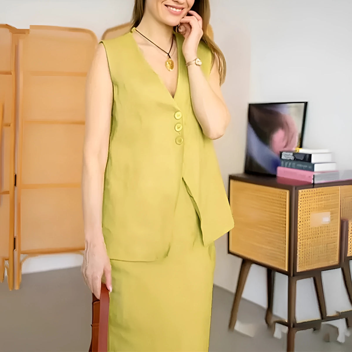 Women's blue polyester sleeveless vest and long skirt two-piece casual outfit set on a hanger.