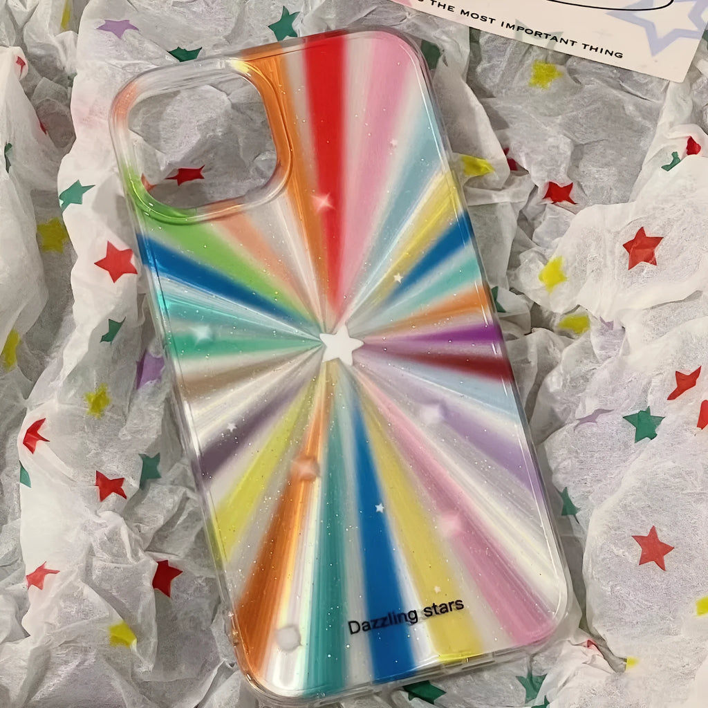 Drop-resistant transparent rainbow star phone case with CD grain TPU back cover for iPhone 11 to 16 Pro Max