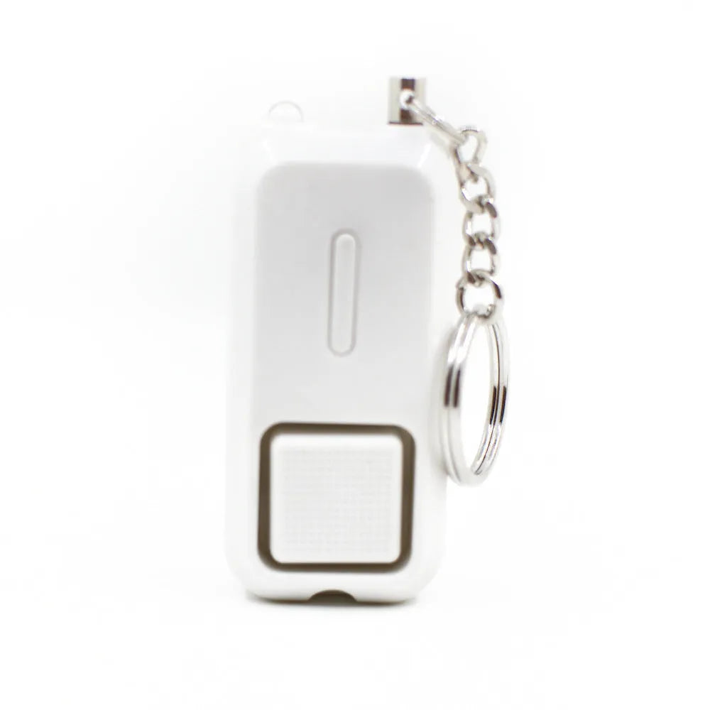 ZQ-202 personal safety alarm in pink, black, white, yellow, or green, shown next to its white packaging box.