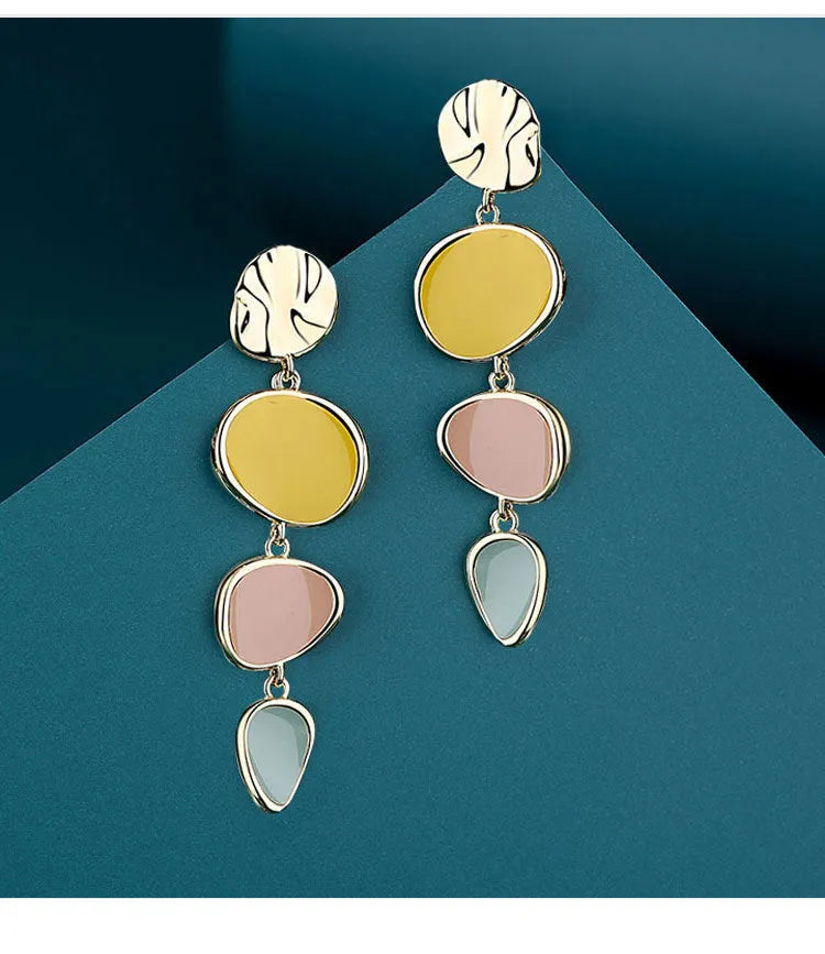 Morandi three-colour wafer disc earrings with dripping oil effect on sterling silver finish alloy.