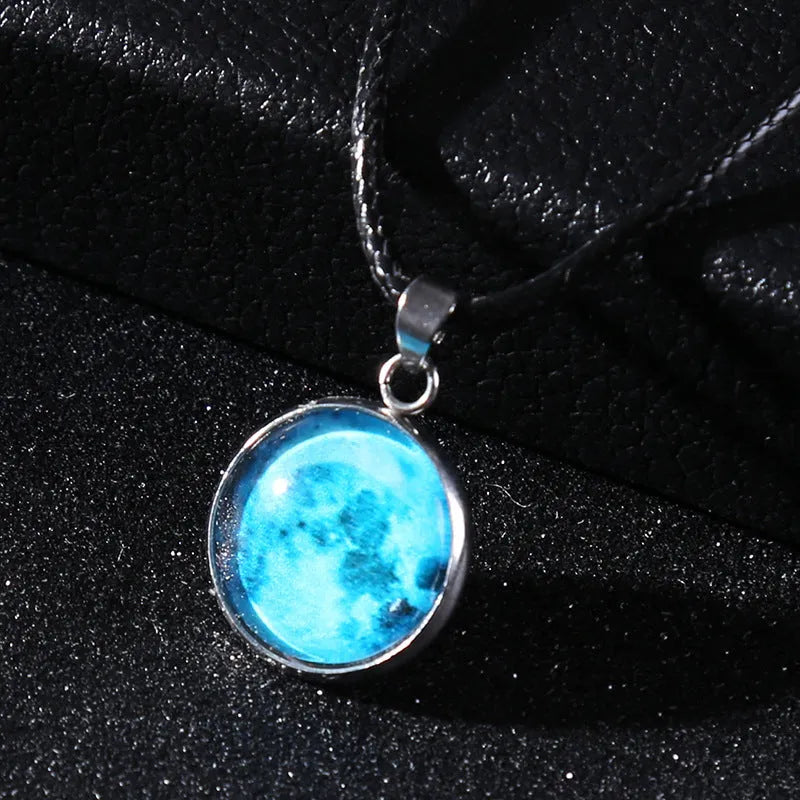 Luminous moon and night sky constellation pendant necklace on an alloy chain, simple unisex style.
