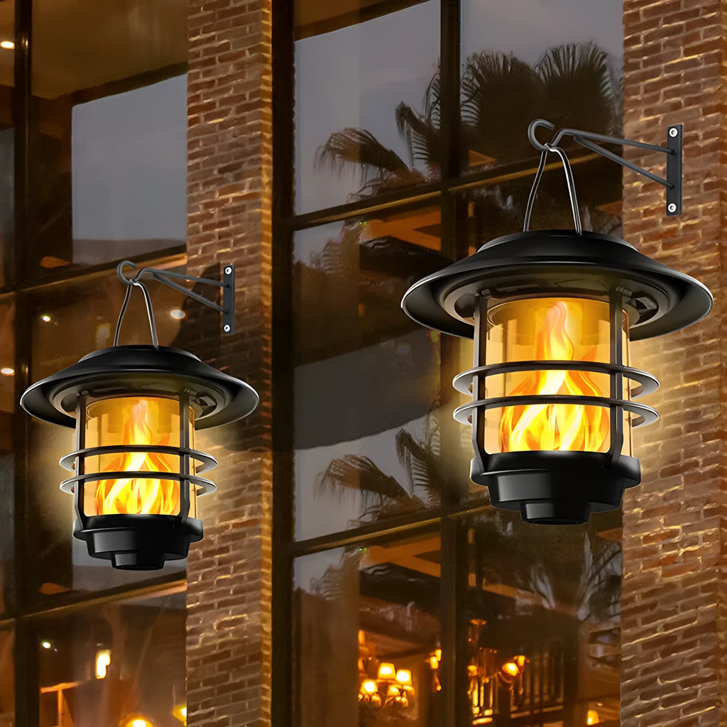 Solar LED outdoor glass wall lamp with IP65 rating, shown as a wall-mounted garden light in Flame light or Warm light