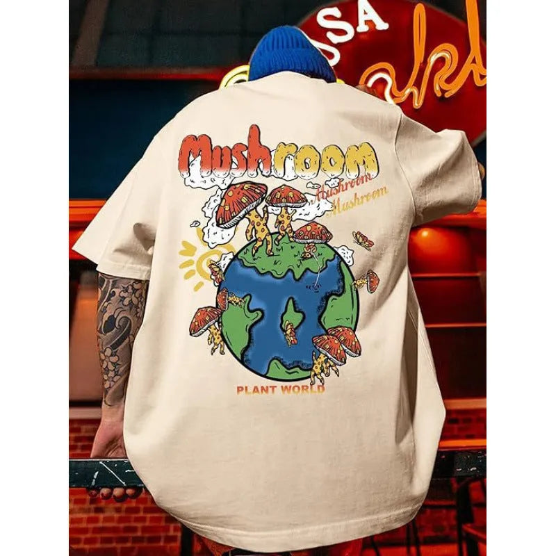 Men's printed street-style short-sleeve sports T-shirt on a hanger, showing digital print design.