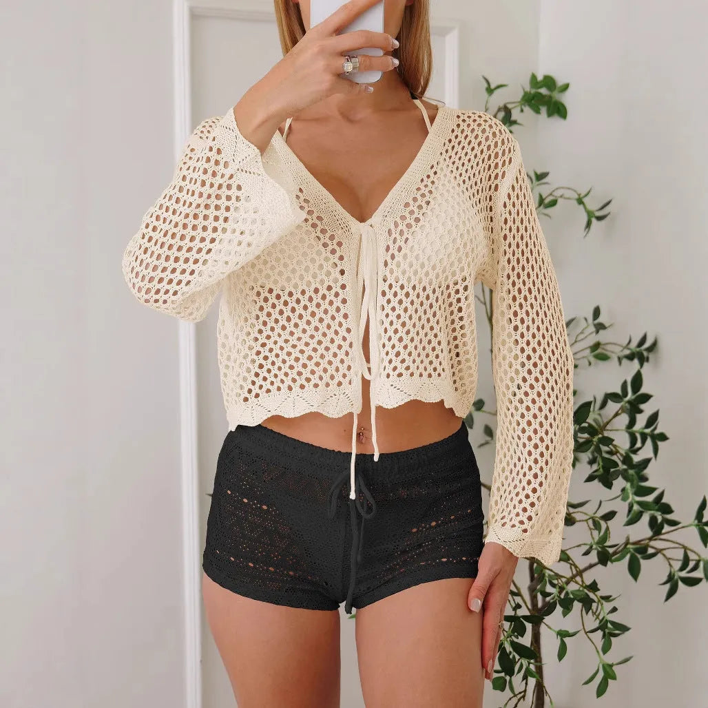 Women's hollow woven cardigan blouse with bell sleeves in imitation cotton fabric