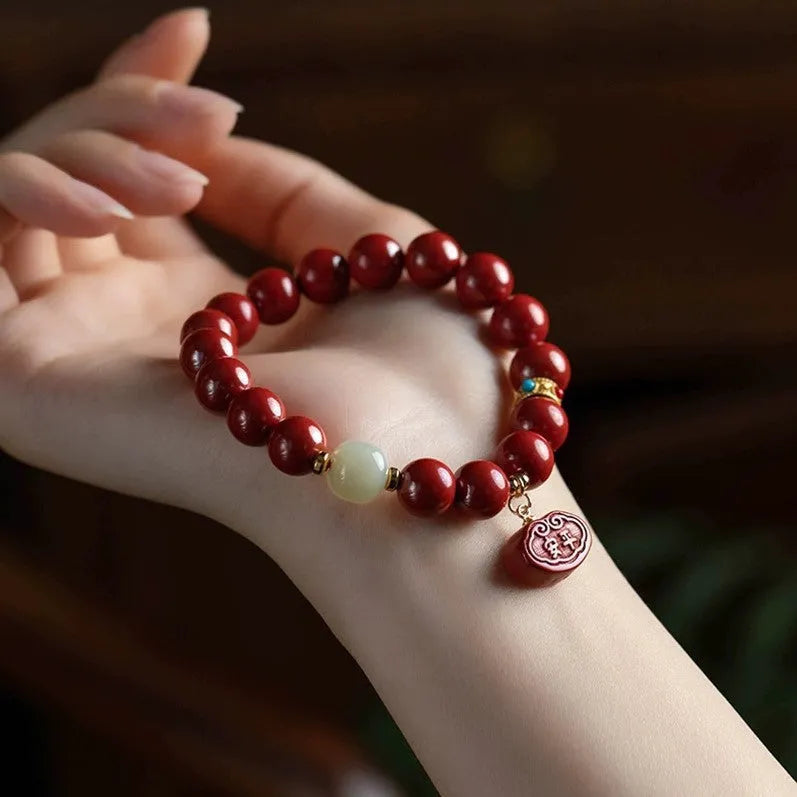 Natural cinnabar Emperor Sandstone Ping An Fu Lu bracelet in 8mm and 10mm bead sizes