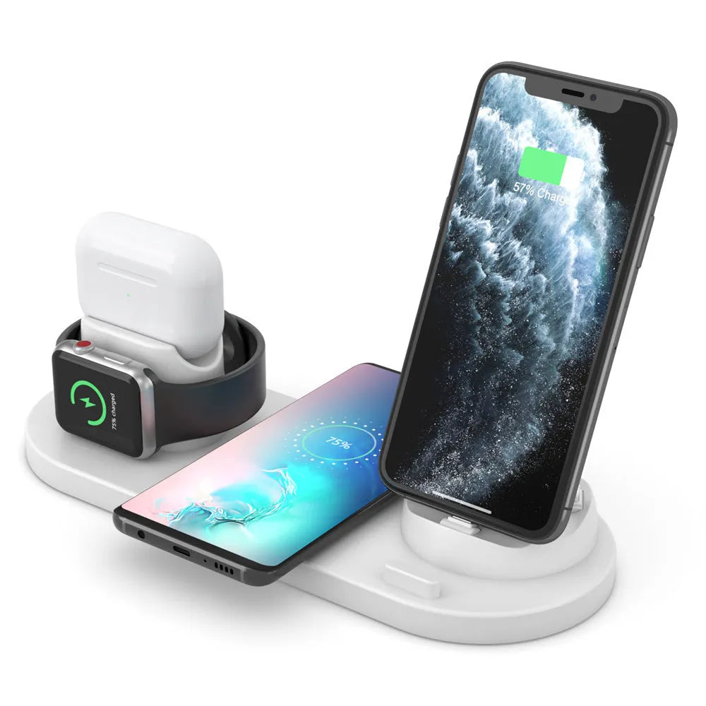 Black and white 6-in-1 wireless charging mobile phone holder showing adjustable stand and charging ports