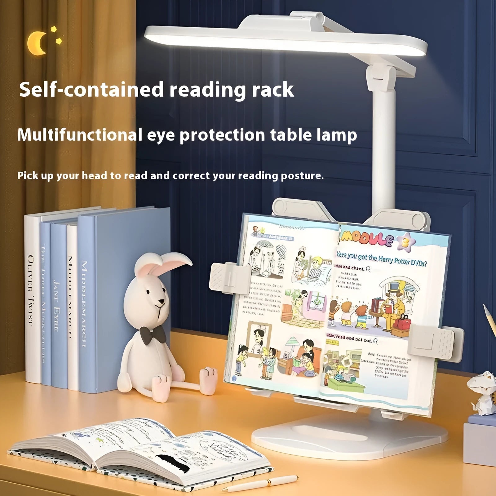 Adjustable reading bookshelf lamp with three colour temperature settings on a desk