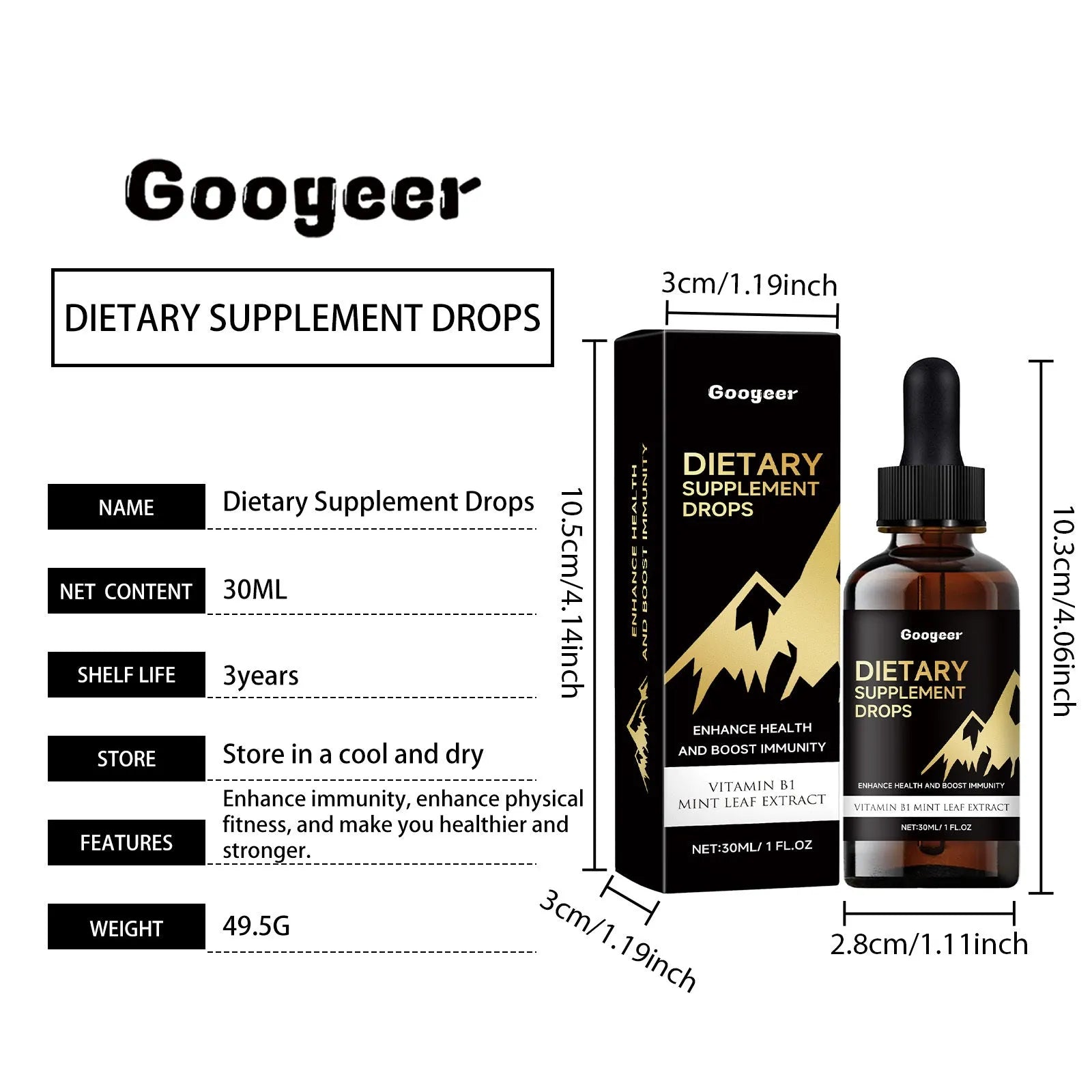 Bottle of dietary supplement drops with a measured dropper for dosage control.