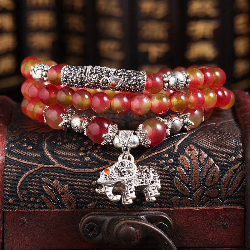 Watermelon crystal bracelet with Chinese knot closure in national style geometry shape