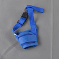 Adjustable plastic dog muzzle in black, shown on a model dog, with size chart for S, M, L, XL, XXL.