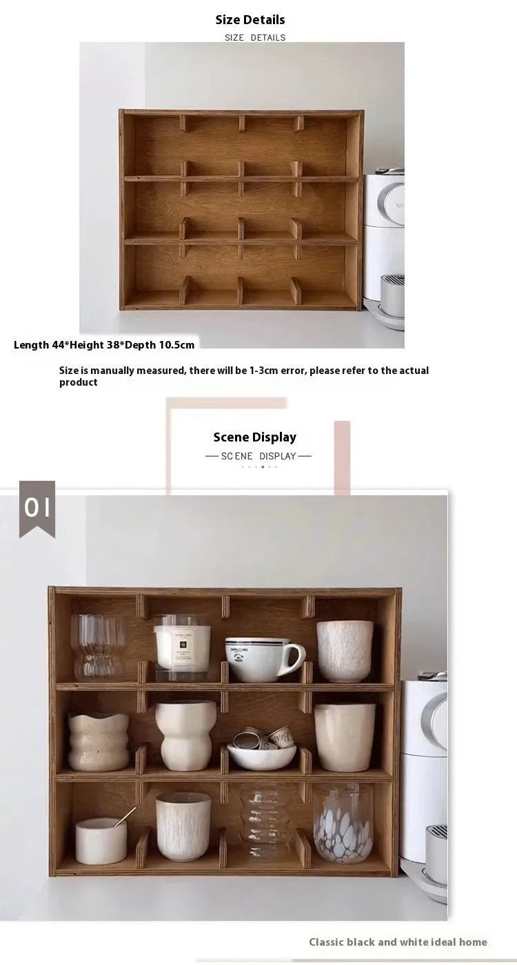 Square solid birch wood cup storage rack with multiple grid compartments in a natural meridian colour.