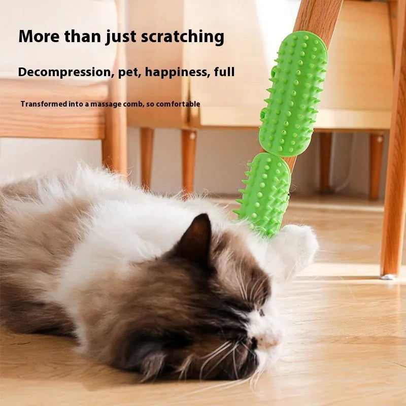 Silicone cat grooming comb scratcher with adjustable strap mounted on a table leg
