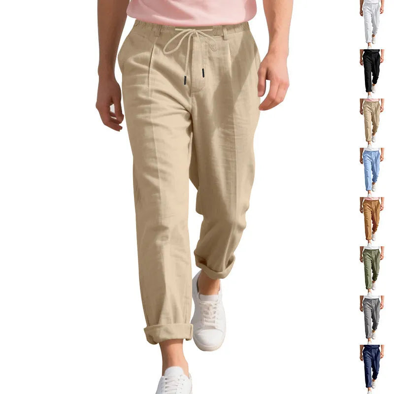Men's straight-leg linen casual trousers in light khaki colour with a drawstring waist.