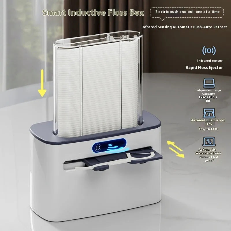 Intelligent induction dental floss box in dark grey, light grey, and gold colours showing automatic pop-up mechanism.