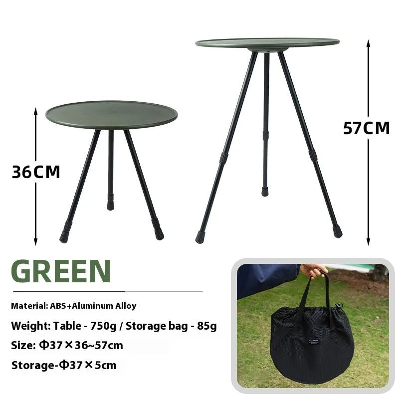37cm round folding camping table in black or army green with adjustable height 36-57cm and storage net bag