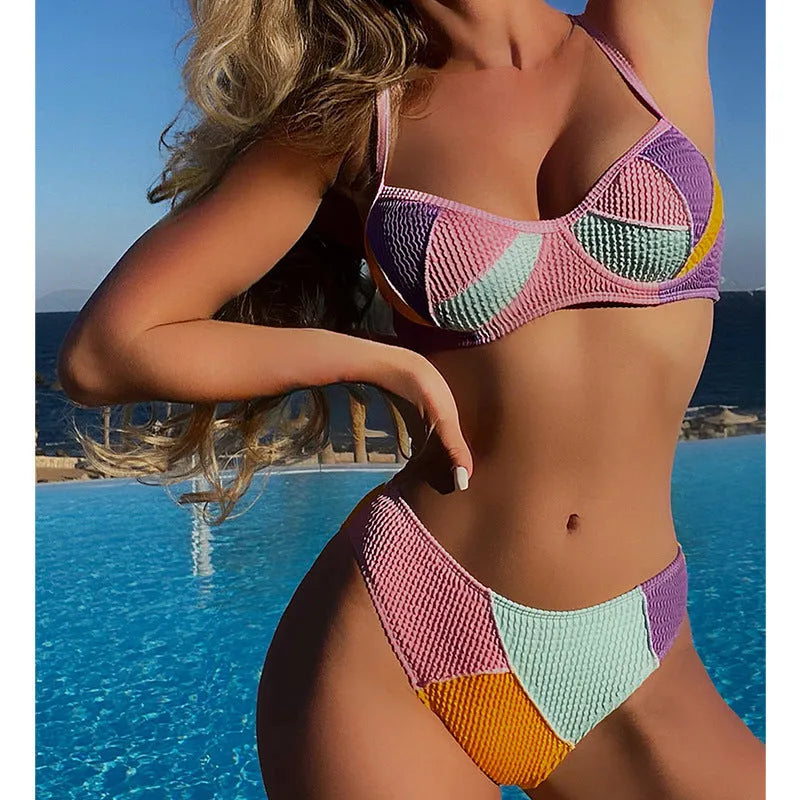 Ladies steel bracket push up bikini set with colour matching top and shorts