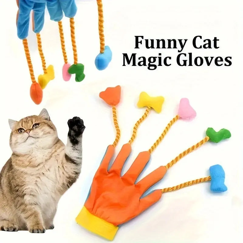 Yellow and blue interactive cat toy glove with plush trailer and bell.