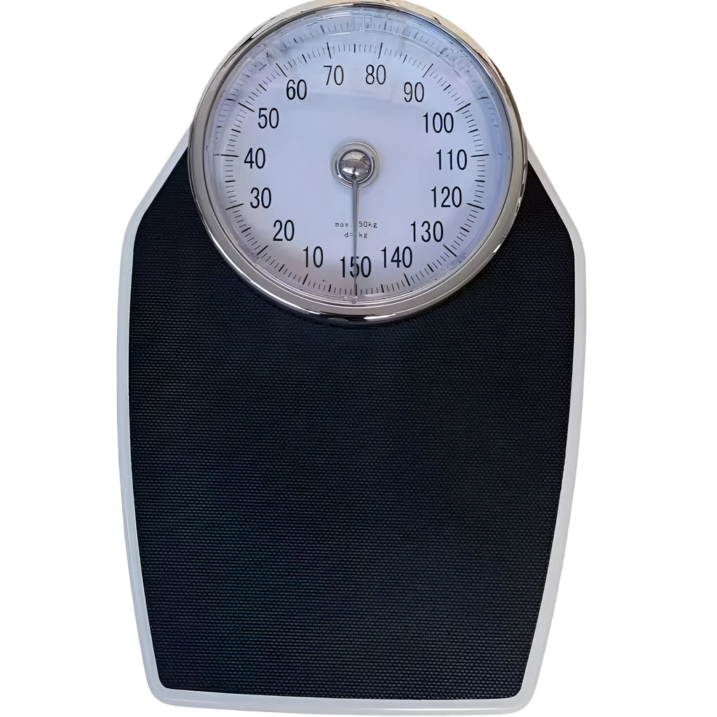 Black mechanical body weight scale with large analogue dial on a 47x35cm platform.