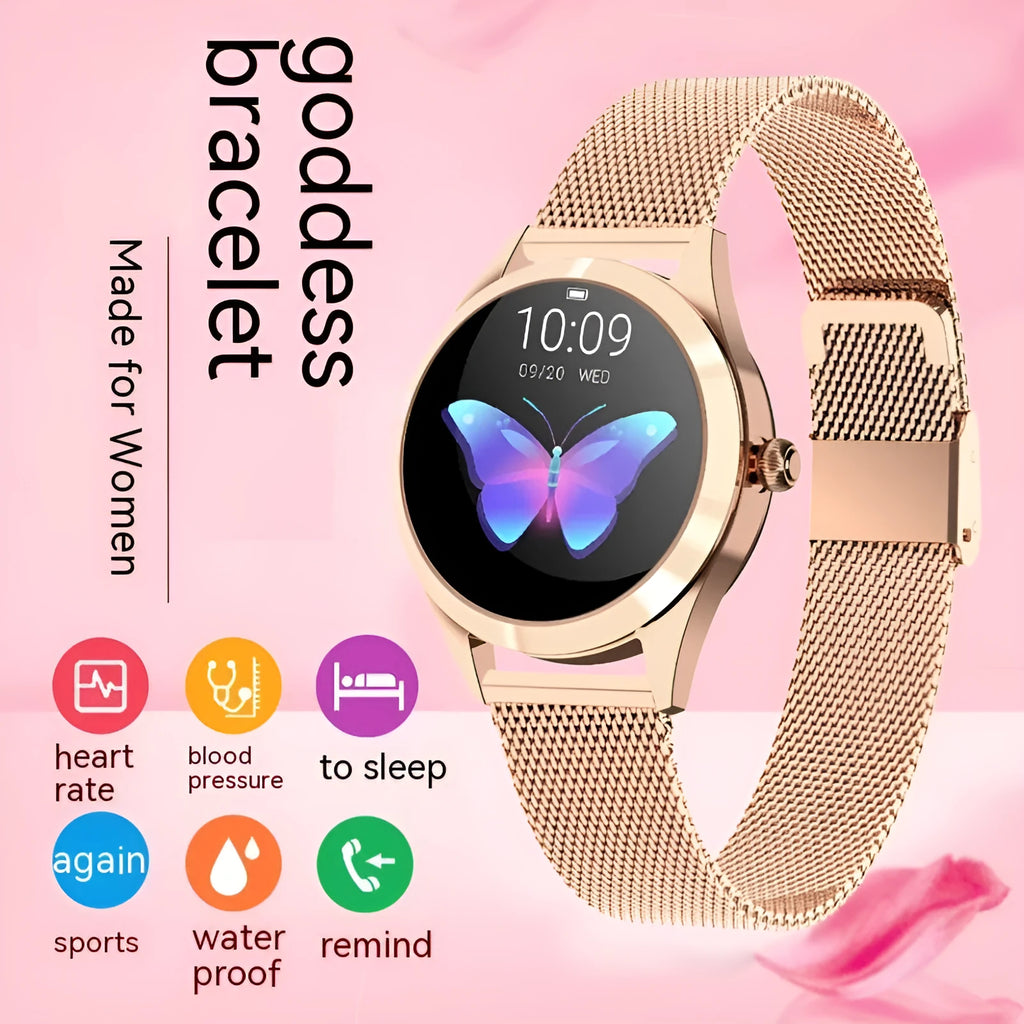 Women's multi-functional smartwatch with heart rate monitoring in black, rose gold, silver, or white colour options